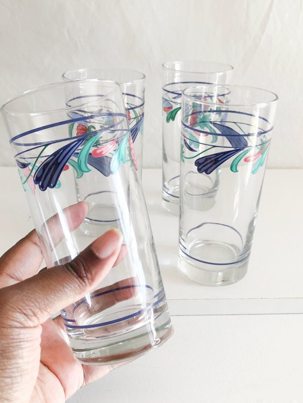 Vintage 80s Lenox "Poppies on Blue" Floral Trim High Ball Glasses Set of 4